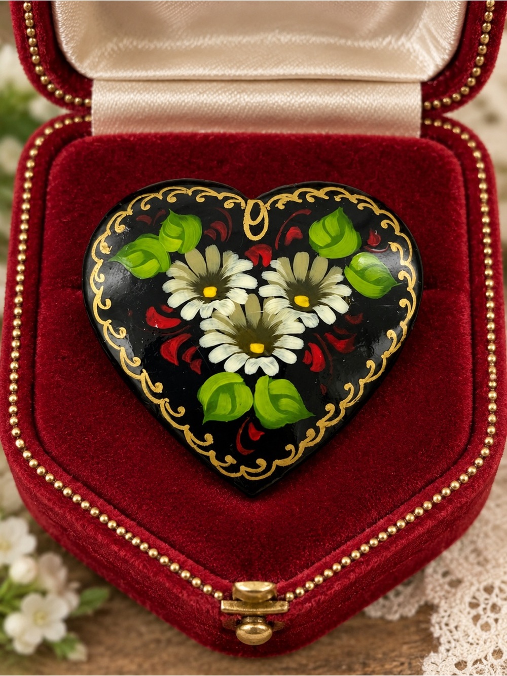 Vintage Russian Hand Painted Heart Brooch Floral Daisy Folk Art Pin Signed